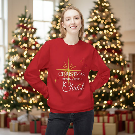 Christmas Begins With Christ Sweatshirt | Unisex Holiday Sweater| Christian Cross Sweater | Jesus Lover Gift | Faith Based Holiday Apparel
