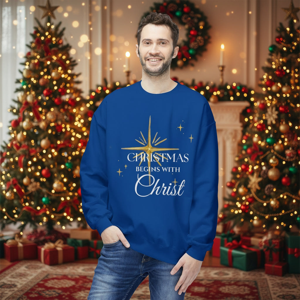 Christmas Begins With Christ Sweatshirt | Unisex Holiday Sweater| Christian Cross Sweater | Jesus Lover Gift | Faith Based Holiday Apparel