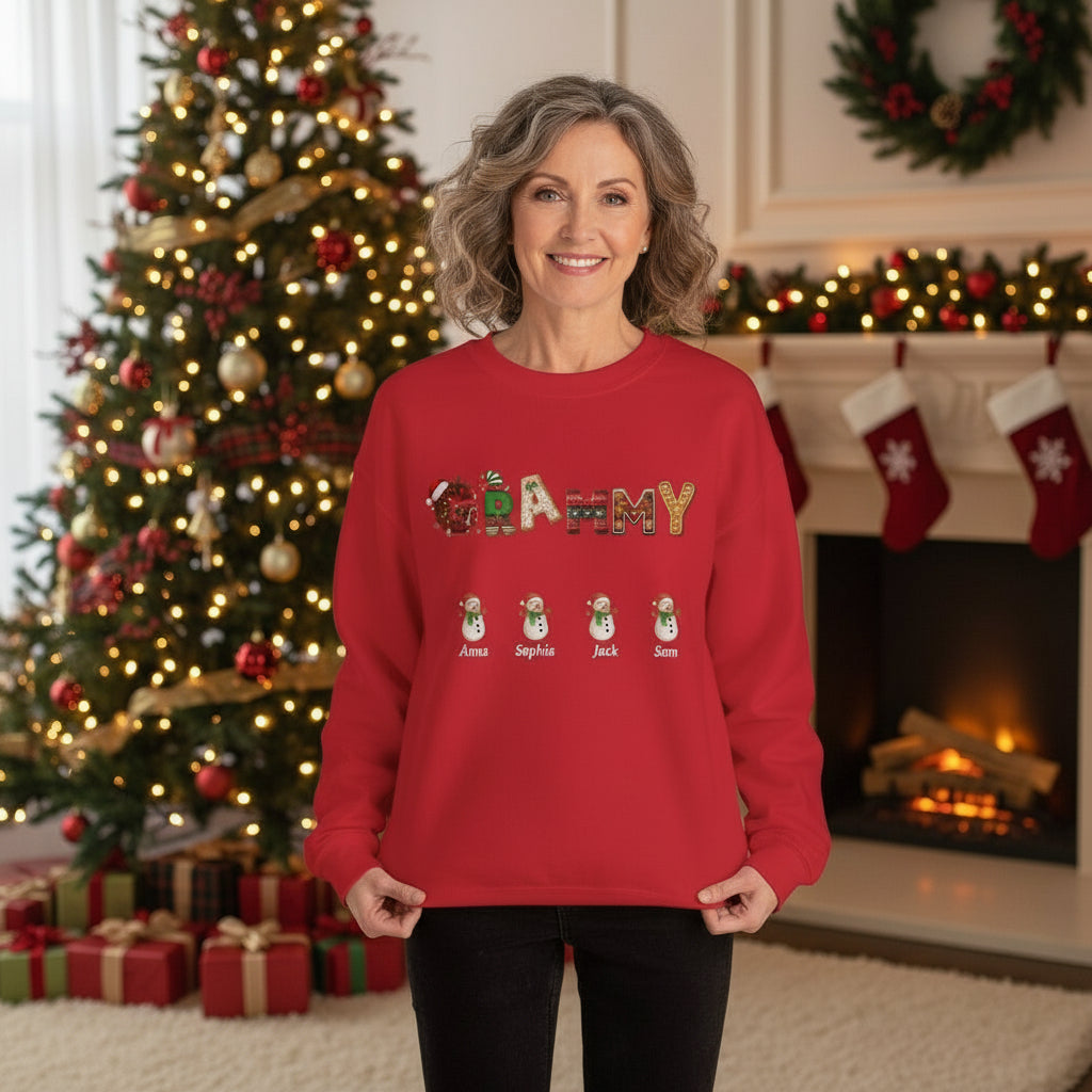 Personalized Grandma, Lola, Nana, Mimi, Gigi, Grammy Sweatshirt with Grandkids Snowman Names, Christmas Holiday Gift for Her