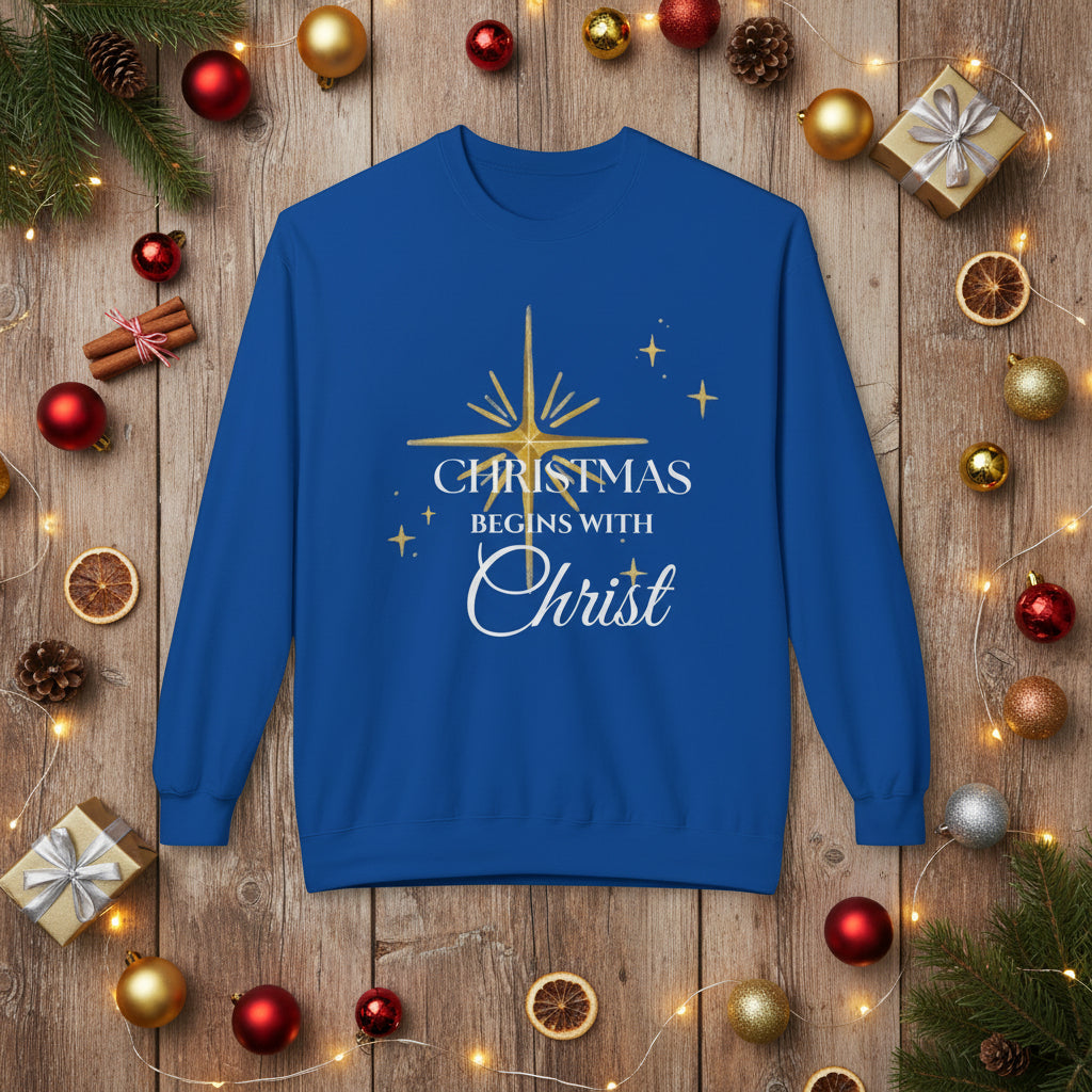 Christmas Begins With Christ Sweatshirt | Unisex Holiday Sweater| Christian Cross Sweater | Jesus Lover Gift | Faith Based Holiday Apparel