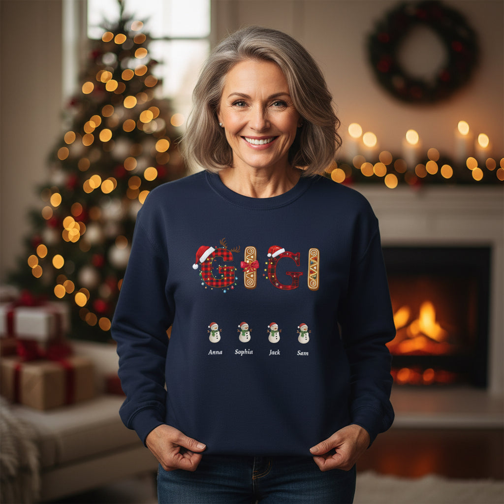 Personalized Grandma, Lola, Nana, Mimi, Gigi, Grammy Sweatshirt with Grandkids Snowman Names, Christmas Holiday Gift for Her