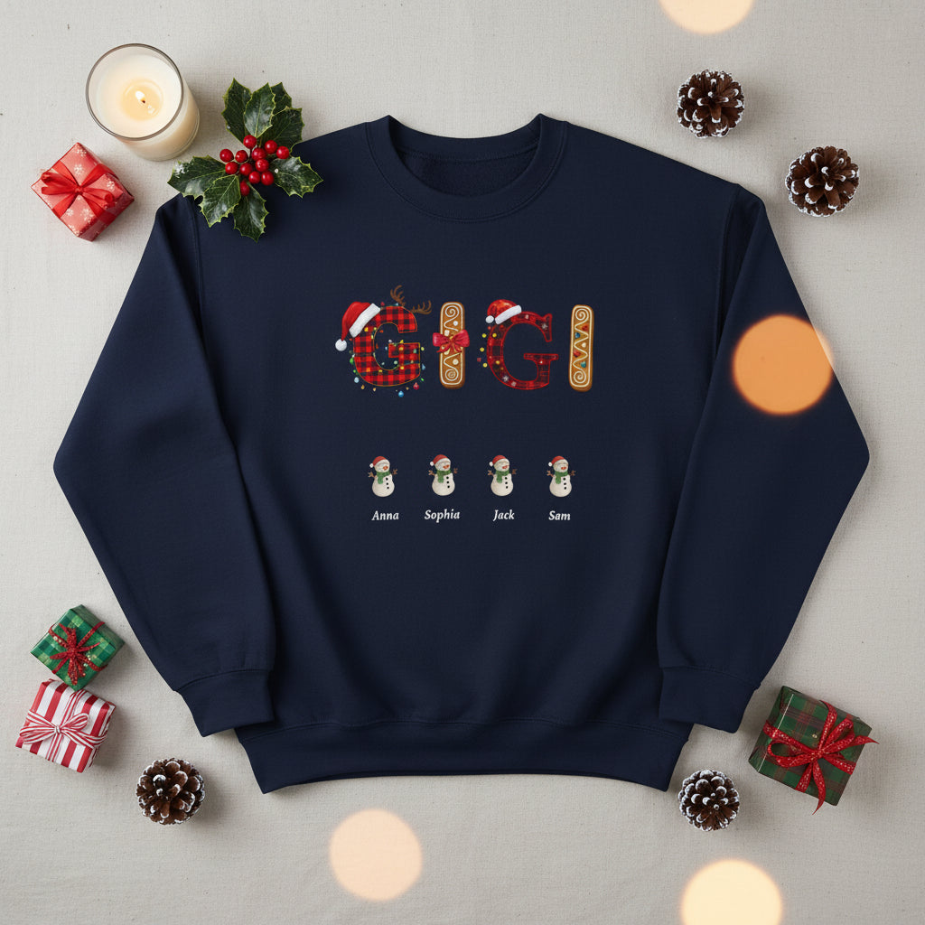 Personalized Grandma, Lola, Nana, Mimi, Gigi, Grammy Sweatshirt with Grandkids Snowman Names, Christmas Holiday Gift for Her