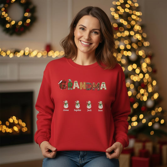 Personalized Grandma, Lola, Nana, Mimi, Gigi, Grammy Sweatshirt with Grandkids Snowman Names, Christmas Holiday Gift for Her