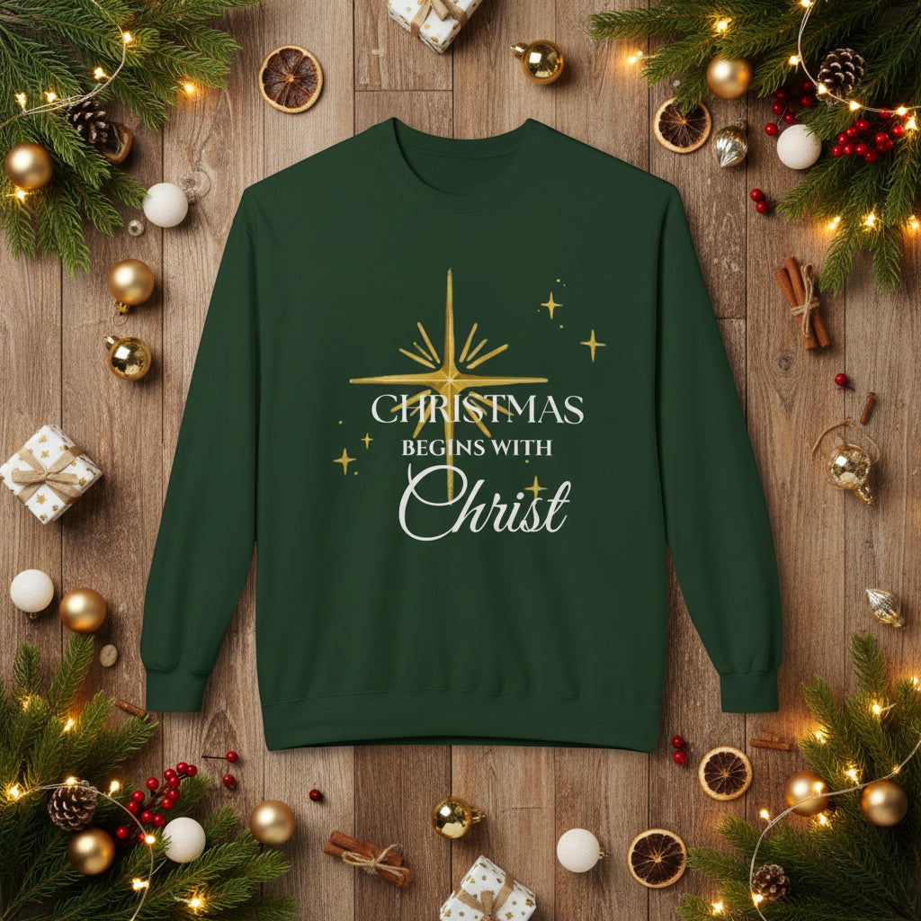 Christmas Begins With Christ Sweatshirt | Unisex Holiday Sweater| Christian Cross Sweater | Jesus Lover Gift | Faith Based Holiday Apparel