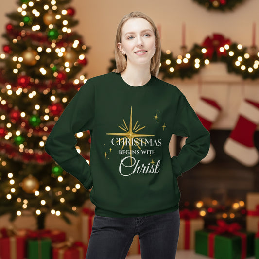 Christmas Begins With Christ Sweatshirt | Unisex Holiday Sweater| Christian Cross Sweater | Jesus Lover Gift | Faith Based Holiday Apparel