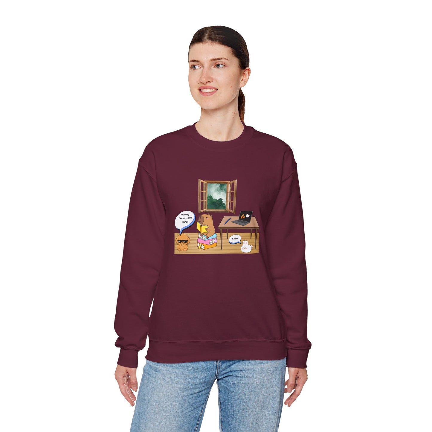 Crewneck Sweatshirt — Cute Gym Cartoon "Good Vibes" Design