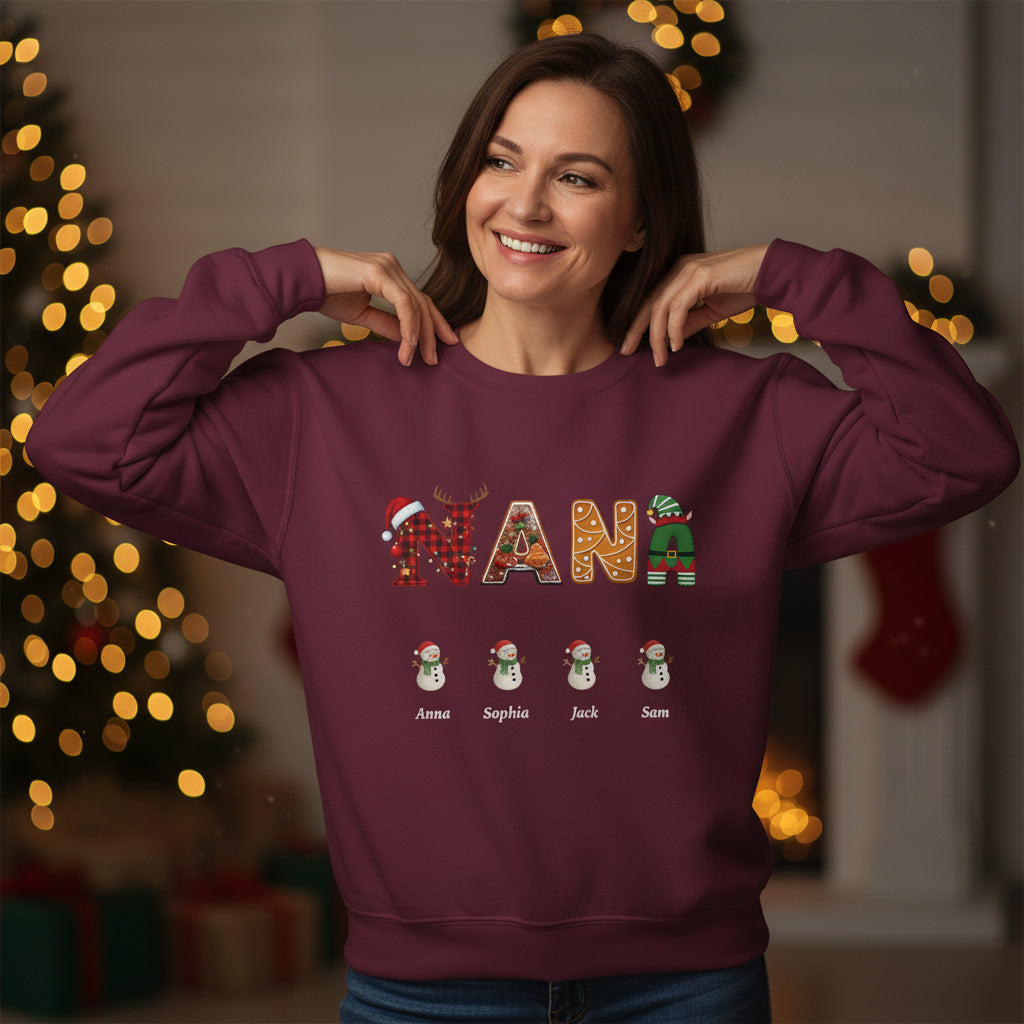 Personalized Grandma, Lola, Nana, Mimi, Gigi, Grammy Sweatshirt with Grandkids Snowman Names, Christmas Holiday Gift for Her