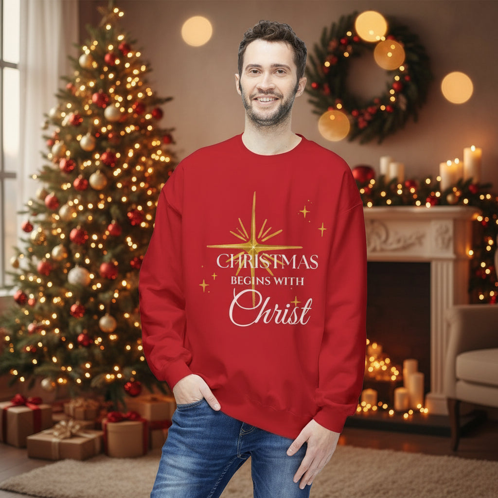 Christmas Begins With Christ Sweatshirt | Unisex Holiday Sweater| Christian Cross Sweater | Jesus Lover Gift | Faith Based Holiday Apparel