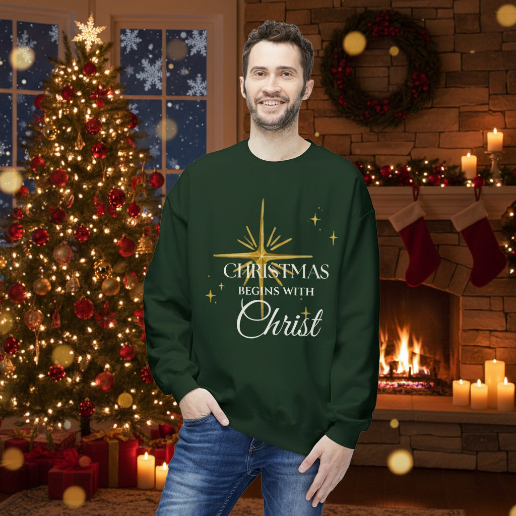 Christmas Begins With Christ Sweatshirt | Unisex Holiday Sweater| Christian Cross Sweater | Jesus Lover Gift | Faith Based Holiday Apparel