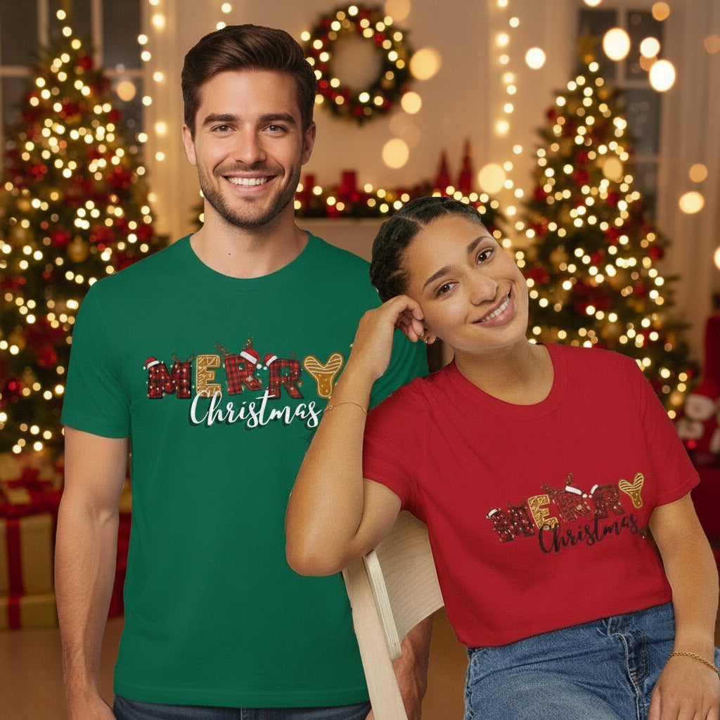 Merry Christmas Unisex T-Shirt, Premium 100% Airlume Cotton, Buffalo Plaid & Gingerbread Letter Design, Soft Holiday Tee, Family Matching Shirt