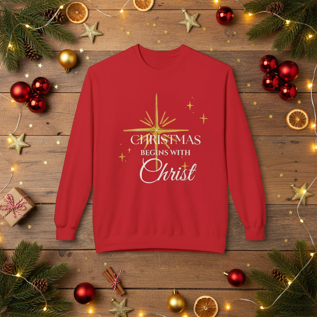 Christmas Begins With Christ Sweatshirt | Unisex Holiday Sweater| Christian Cross Sweater | Jesus Lover Gift | Faith Based Holiday Apparel