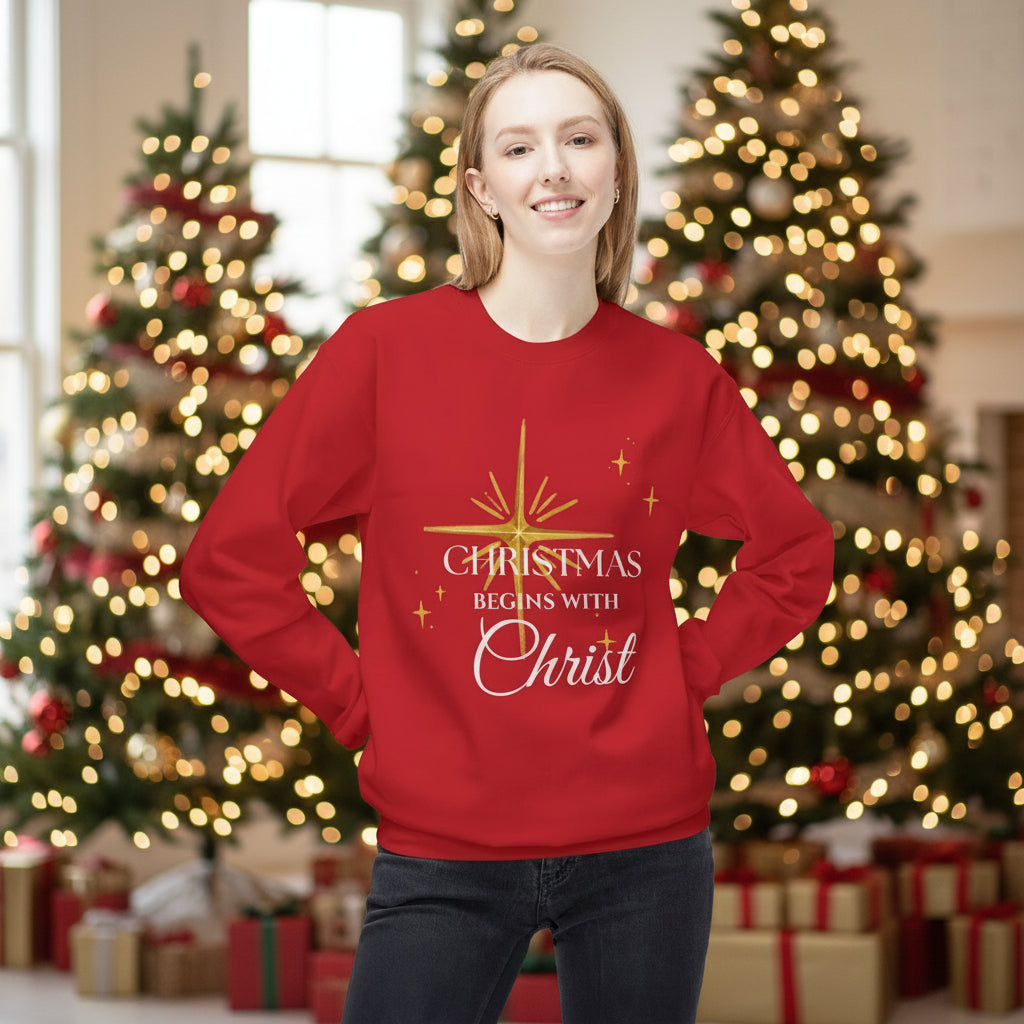 Christmas Begins With Christ Sweatshirt | Unisex Holiday Sweater| Christian Cross Sweater | Jesus Lover Gift | Faith Based Holiday Apparel