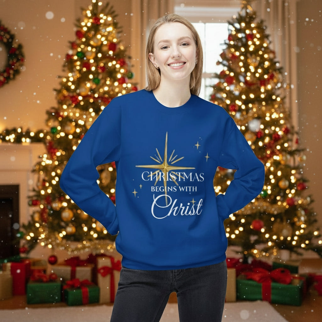 Christmas Begins With Christ Sweatshirt | Unisex Holiday Sweater| Christian Cross Sweater | Jesus Lover Gift | Faith Based Holiday Apparel