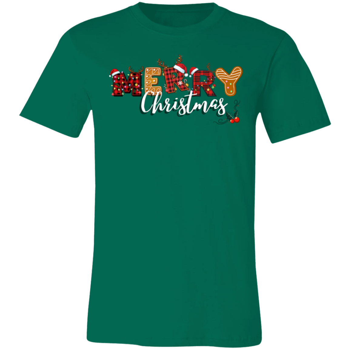 Merry Christmas Unisex T-Shirt, Premium 100% Airlume Cotton, Buffalo Plaid & Gingerbread Letter Design, Soft Holiday Tee, Family Matching Shirt