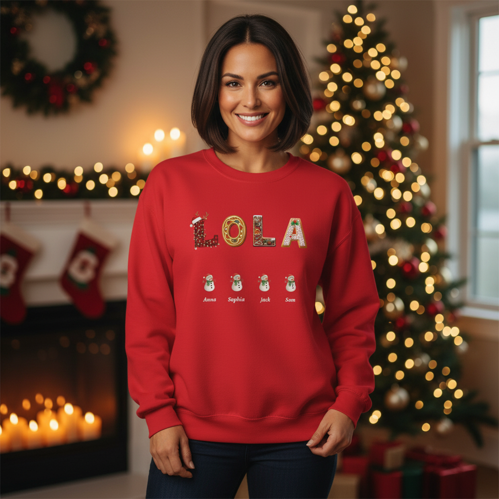 Personalized Grandma, Lola, Nana, Mimi, Gigi, Grammy Sweatshirt with Grandkids Snowman Names, Christmas Holiday Gift for Her