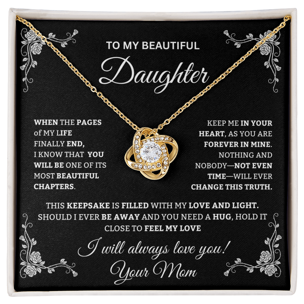 To My Beautiful Daughter Love Knot Necklace from MOM | Sentimental Keepsake Gift Idea | Yellow & White Gold Finish Jewelry | Daughter Gift for Christmas