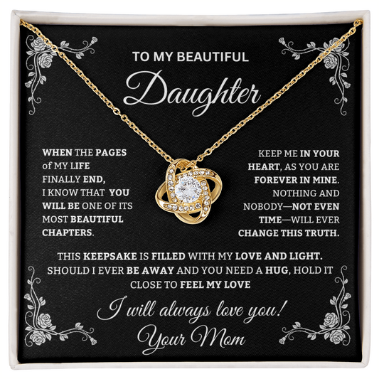 To My Beautiful Daughter Love Knot Necklace from MOM | Sentimental Keepsake Gift Idea | Yellow & White Gold Finish Jewelry | Daughter Gift for Christmas