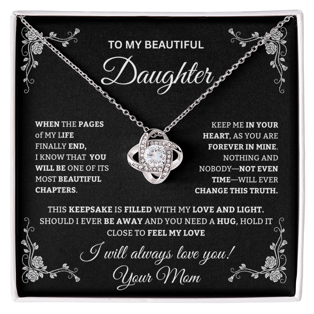 To My Beautiful Daughter Love Knot Necklace from MOM | Sentimental Keepsake Gift Idea | Yellow & White Gold Finish Jewelry | Daughter Gift for Christmas