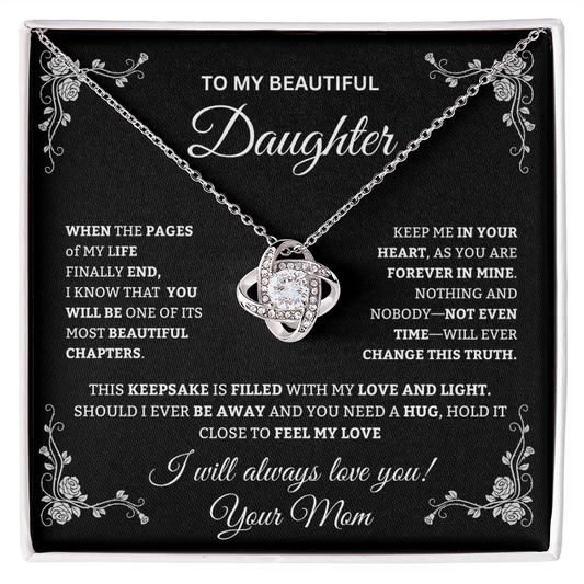 To My Beautiful Daughter Love Knot Necklace from MOM | Sentimental Keepsake Gift Idea | Yellow & White Gold Finish Jewelry | Daughter Gift for Christmas